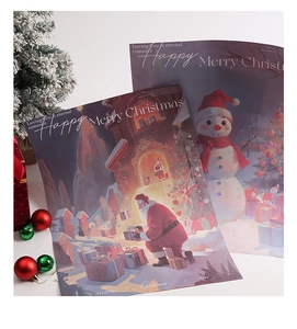 Detail of Christmas gift wrapping paper featuring Santa and snowman in vintage art style