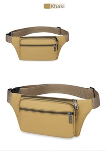 Detail of khaki heavy-duty waist bag with multi-zipper pockets and adjustable buckle strap