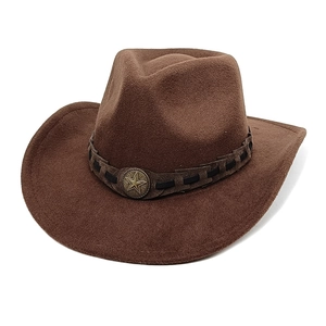 Classic brown wool western cowboy hat with woven band and vintage star badge decoration