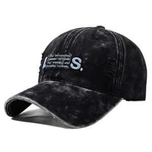 Distressed wash black baseball cap with blue letter S embroidery and streetwear ripped details