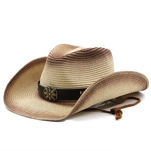 Western style gradient straw cowboy hat with leather band and bronze floral buckle