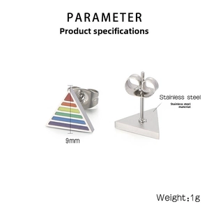 Macro view of 9mm rainbow triangle stainless steel stud earrings with size marking