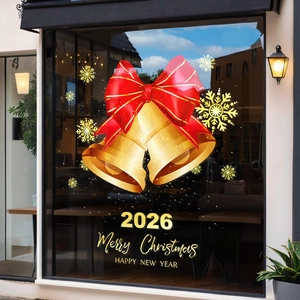 Christmas Window Sticker Static Cling Merry Christmas New Year Gold Bells Snowflakes PVC Double Sided Glass Door Decor