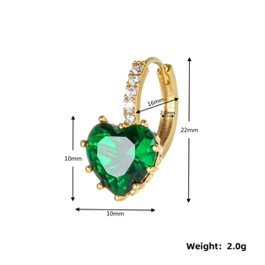 Detailed size specifications for heart-shaped green zircon earrings in 18K gold finish