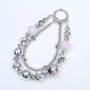 Silver double chain beaded strap with pink cat paw and star charms for phones or cameras