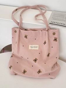 Sac cabas en velours côtelé rose avec ours de dessin animé brodé et motifs de cœur