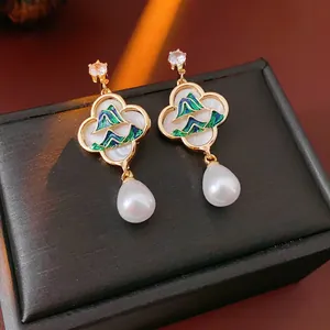 Boucles D'oreilles Pendantes Fleurs Émail Paysage Avec Künstliche Perle Zircon Et Tige En Argent Style Chinois Vintage Pour Femmes