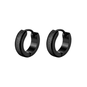 Minimalist matte black titanium steel hoop earrings for men and women on white background
