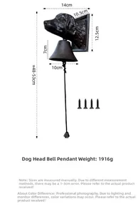 Detailed size specifications for a cast iron dog head wall bell with metal mounting hardware