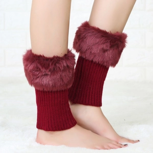 Burgundy faux fur leg warmers for women featuring ribbed knit and plush thermal design