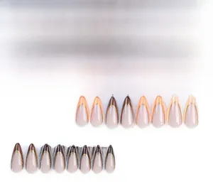 Detailed view of 24 pieces almond french press-on nails in nude pink and brown glitter