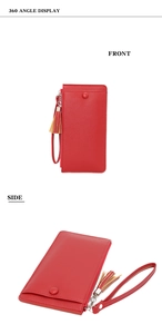 Red long wallet with tassel and wristlet showing front and side 360-degree angles