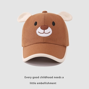 Cute brown bear cotton baseball cap for toddlers with 3D ears and cartoon embroidery
