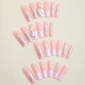 Pink French long coffin press-on nails with 3D bows, silver glitter waves and pearls
