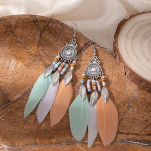 Detail of bohemian feather earrings with mint green beads and antique silver charms