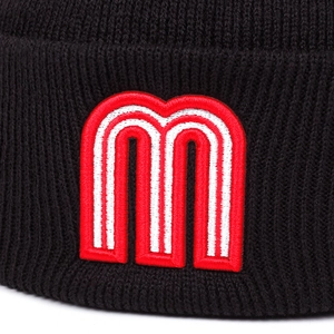 Classic black knitted beanie with red and white 3D embroidered M letter logo