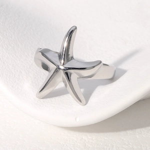 Bague étoile de mer minimaliste en acier inoxydable argenté sur fond blanc texturé