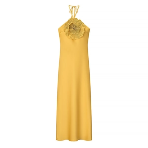 Halter Neck Evening Dress Satin Polyester With Flower Bead Decoration Sleeveless Backless Elegant Party Formal