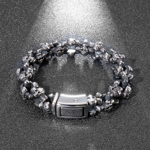 Macro view of retro skull head stainless steel bracelet with dark silver finish