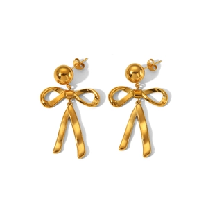 Polished gold stainless steel ribbon bow drop earrings for women on white background