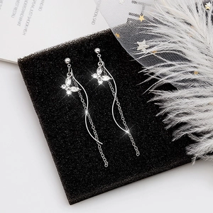 Butterfly Rhinestone Long Tassel Earrings With 925 Sterling Silver Earring Post S-Shaped Chain Dangle For Women Elegant