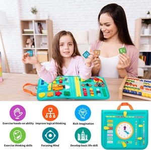 Detail of Montessori busy board with clock, calendar, and sensory skill activities for kids
