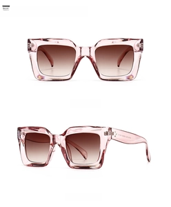 Detailed views of pink square sunglasses with brown gradient lenses and transparent frame
