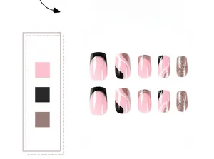 Detail of glitter ballerina press-on nails with wave patterns and french tips