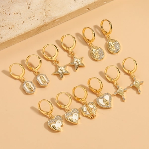 Vintage Kupfer Creolen Für Damen Weiß Emaille Zirkonia Herz Stern Kreuz Anhänger Mode Schmuck Exquisite Relief Ohrringe
