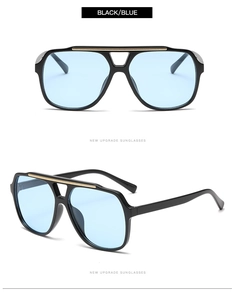 Dual view of black pilot sunglasses with ocean blue lenses and stylish double bridge design