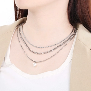 Multilayer Necklaces Stainless Steel Artificial Pearl Pendant Box Rope Cuban Chain Clavicle Jewelry For Women Fashion Minimalist Gift