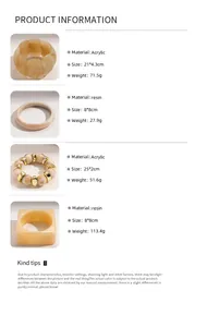 Detailed size and weight chart for Bohemian resin and acrylic bracelets in various styles