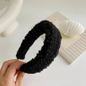 Cute black teddy fleece headband for women, soft plush wide hair accessory for winter
