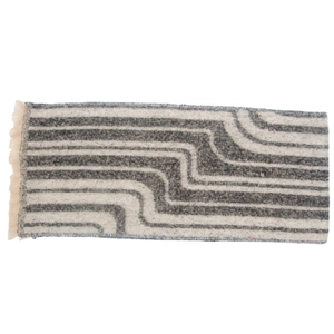 Close-up of knit scarf showing grey and beige wave pattern with delicate fringe details