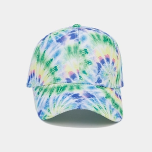 Detailed front view of vibrant tie-dye rainbow baseball cap for summer beach wear