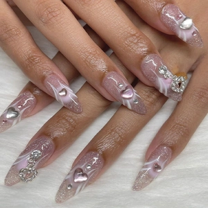 Pink Gradient Press On Nails With Heart Rhinestones 3D Charms Glossy Long Almond Shape Artificial Fake Nails For Women