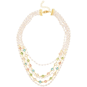 Multi-layer faux pearl necklace with colorful crystals and gold-tone lobster clasp