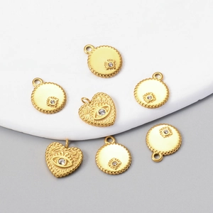 18k gold plated stainless steel heart and round evil eye pendants with sparkling zircons