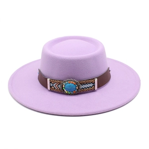 Detail of purple boater hat with ethnic leather band and turquoise stone accent