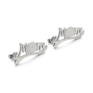 Detailed macro view of silver stainless steel stud earrings with MOM letter design