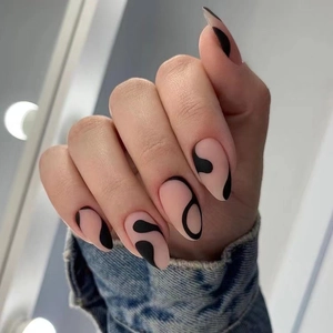 Matte Nude Pink Press On Nails With Black Abstract Lines Almond Shape Long Artificial False Nail For Women DIY Manicure