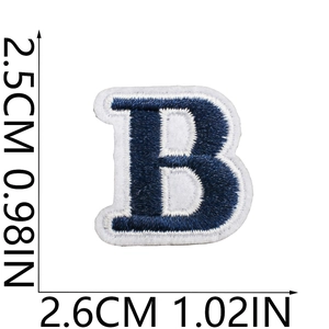 Mini embroidered letter B patch in navy and white with size markings 2.5cm by 2.6cm
