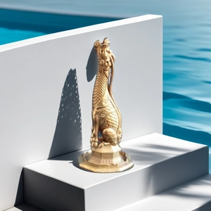 Golden dragon figurine sculpture with metallic scales on an octagonal base for home decor