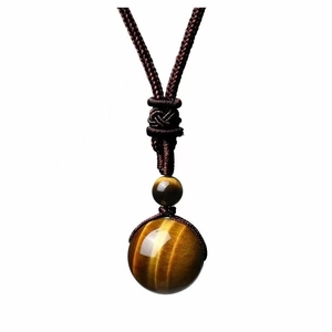 16MM natural tiger eye stone pendant necklace with brown braided rope on white background