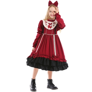 Spanish Lolita wine red long sleeve princess dress for girls with headband