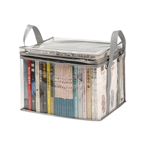 Large foldable transparent PVC storage bag with grey handles for organizing books and clothes