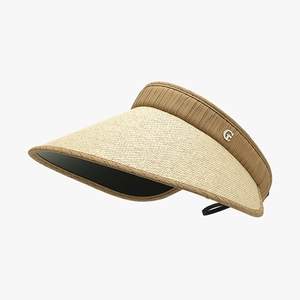 Lafia straw open top sun hat with brown ribbed headband and silver metal G logo detail
