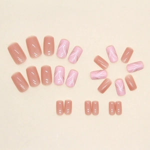 Pink and white wave press-on nails with gold glitter, medium-length square oval design