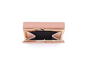 Detailed view of pink floral mini wallet showing gold kiss-lock closure and coin compartment