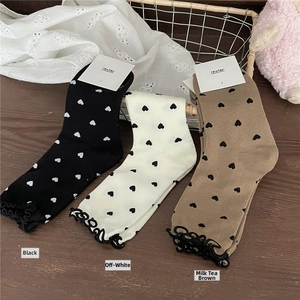 Detailed set of women's mid-calf socks with heart prints and delicate ruffle lace cuffs